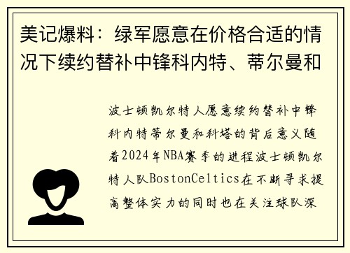 美记爆料：绿军愿意在价格合适的情况下续约替补中锋科内特、蒂尔曼和科塔