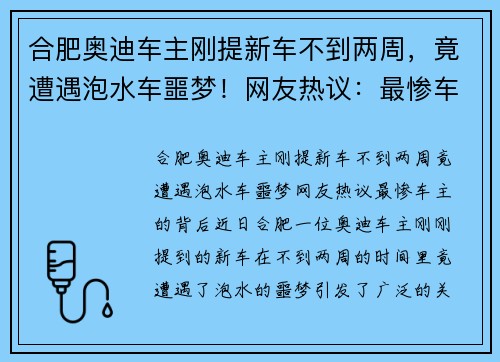合肥奥迪车主刚提新车不到两周，竟遭遇泡水车噩梦！网友热议：最惨车主