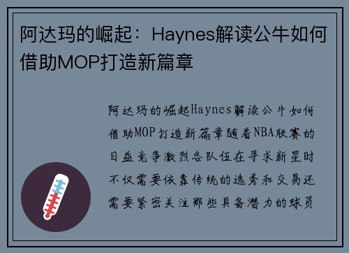 阿达玛的崛起：Haynes解读公牛如何借助MOP打造新篇章