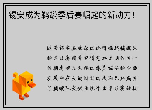 锡安成为鹈鹕季后赛崛起的新动力！