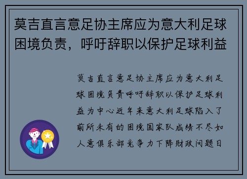 莫吉直言意足协主席应为意大利足球困境负责，呼吁辞职以保护足球利益