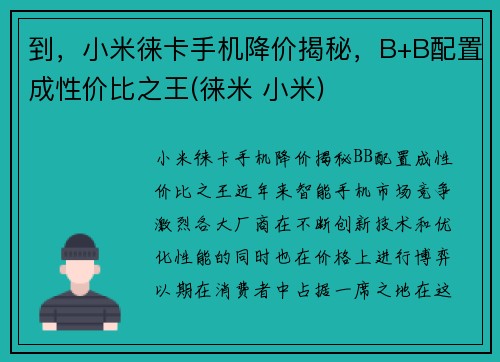 到，小米徕卡手机降价揭秘，B+B配置成性价比之王(徕米 小米)