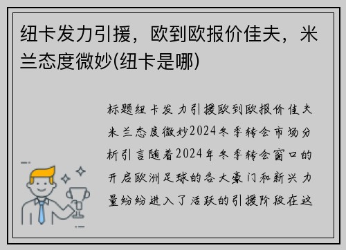 纽卡发力引援，欧到欧报价佳夫，米兰态度微妙(纽卡是哪)